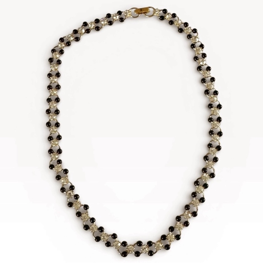 Vintage Black Bead and Faceted Rhinestone Gold Tone Necklace